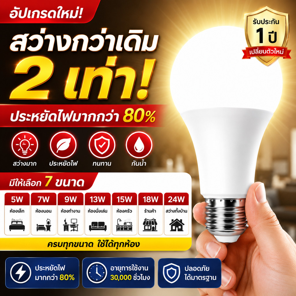 หลอดไฟ หลอดบับ หลอดไฟประหยัดไฟ LED หลอดไฟปิงปอง ขั้ว E27 5W 7W 9W 13W 15W 18W 24W แสงสีขาว