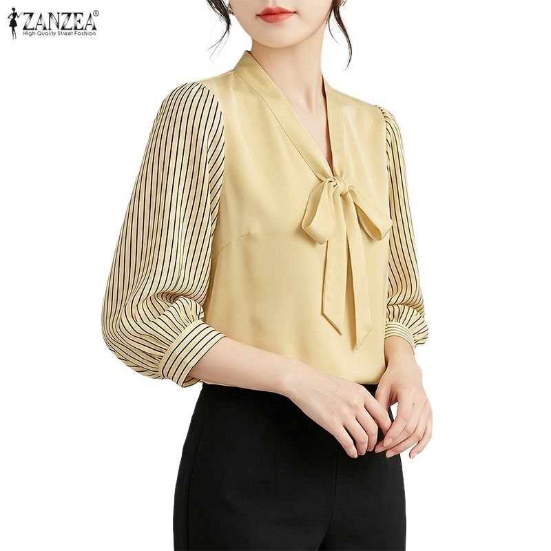 ZANZEA ผู้หญิงเกาหลี Elegant Feminine Officewear V คอโคมไฟแขน Tie-Up Bows Stripe Patchwork เสื้อ