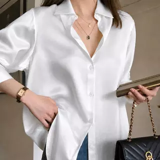(D-018) Satin Shirt เสื้อเชิ้ต ผ้าซาติน แฟชั่น ผู้หญิง แขนยาว ทรงสวย เรียบหรู ใส่ทำงาน เที่ยว คาเฟ่ Fashion