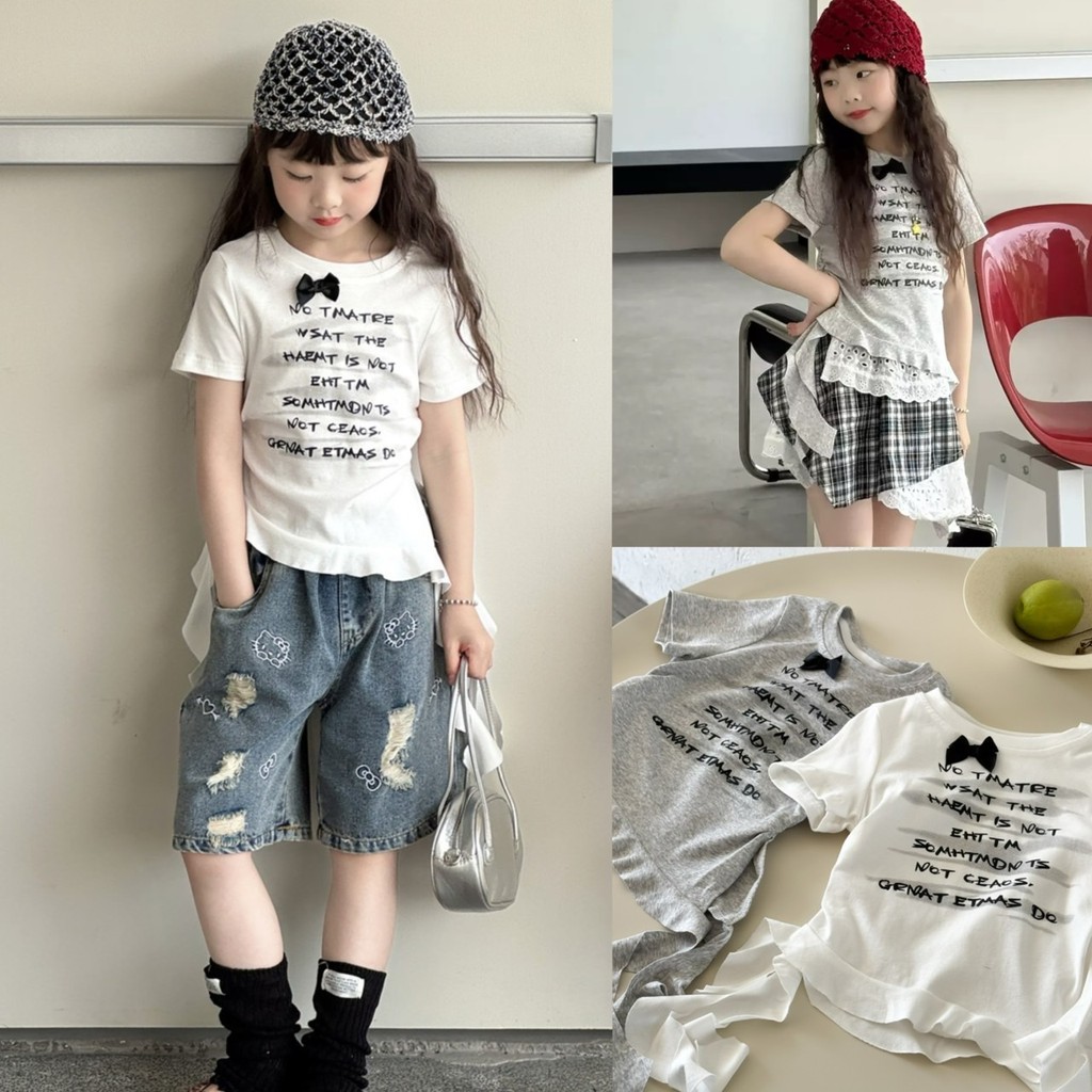 PRETTY BABY เสื้อยืดเด็ก เสื้อยืดทรงแมงกะพรุน สกรีนอักษร แต่งโบว์ (2240)