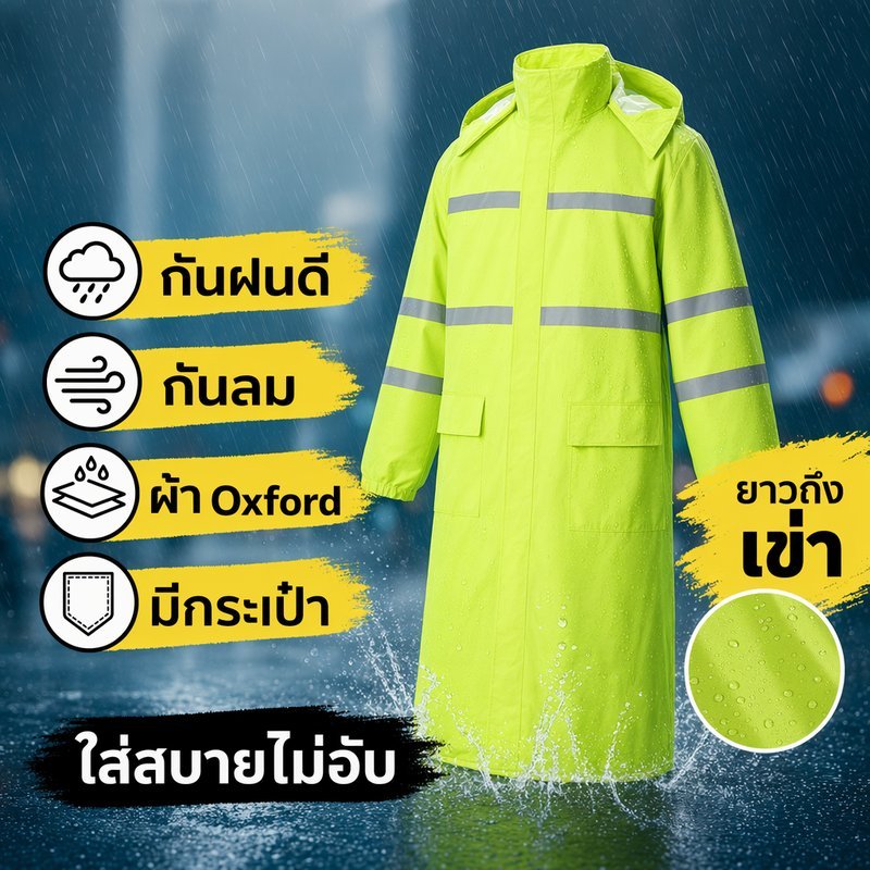 เสื้อกันฝนยาว ชุดกันฝน ผ้าอ๊อกฟอร์ด กันน้ำหนา แถบสะท้อนแสง ขี่มอเตอร์ไซค์ งานกลางแจ้ง