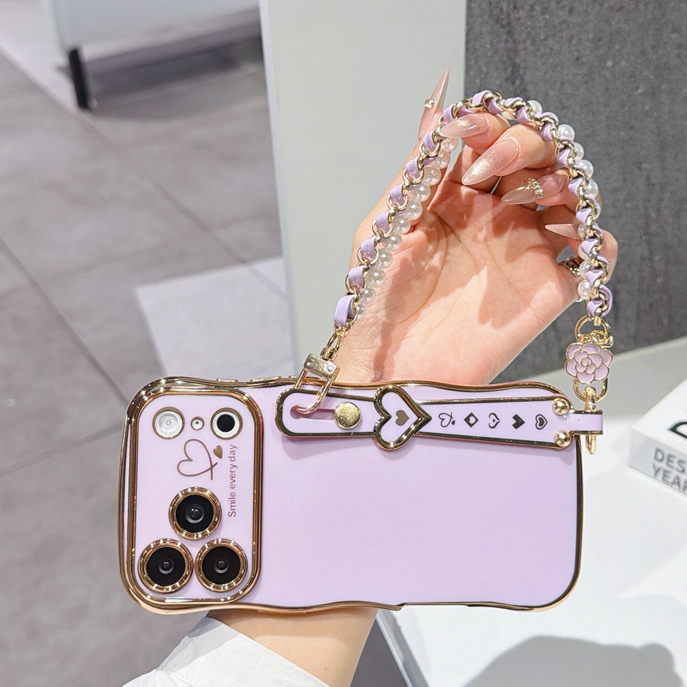 สีม่วงสีส้มสีขาว Electroplated Wave Mountain Camellia Pearl สายรัดข้อมือเคสโทรศัพท์เหมาะสําหรับ iPhone 17ProMax 16 15 14 13 Anti-Fall