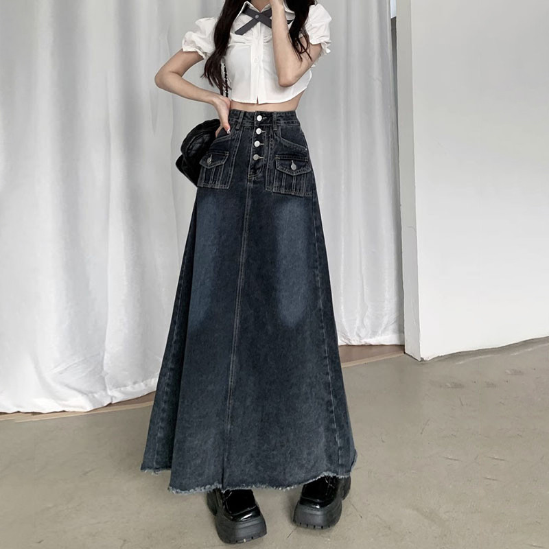American Retro Design Feeling a-Line Denimกระโปรงผู้หญิงสไตล์ใหม่เอวสูงSlim CoverไขมันSlimmerดูกระโปรงFrayed