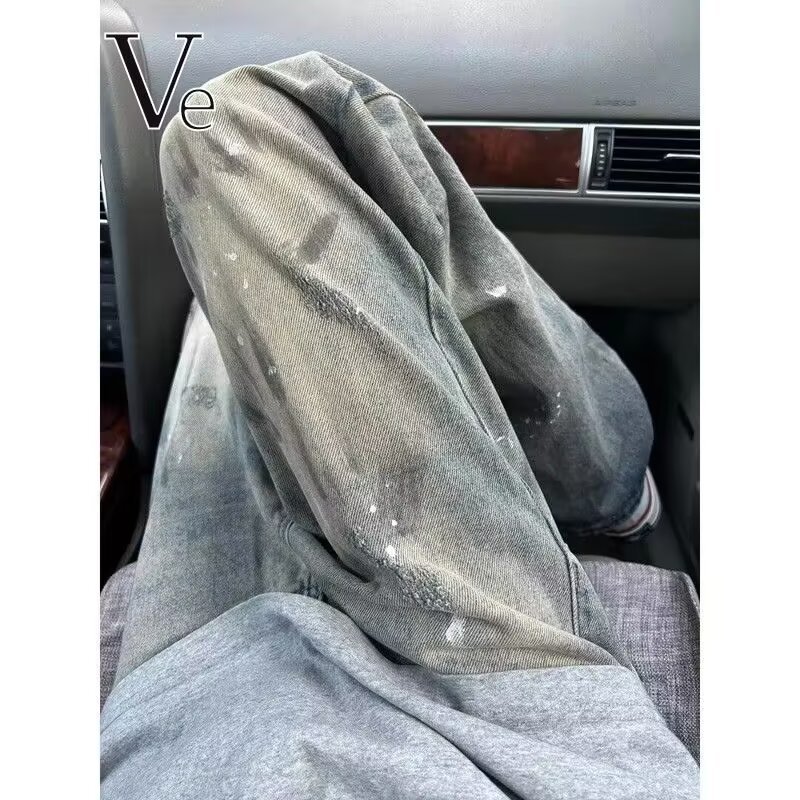 Washable Heavy Industry Splash Ink Distressed Jeans Mens Trend Loose American Retro Street Wear Stra