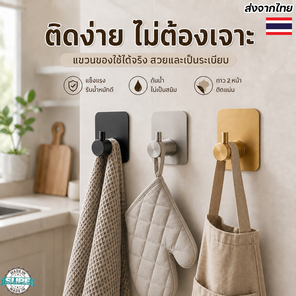 ตะขอติดผนังไม่ต้องเจาะ Stainless 304 กาวคุณภาพสูง แข็งแรงทนทาน ใช้แขวนกระเป๋า หมวก กุญแจ
