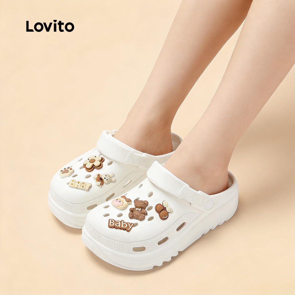 Lovito  รองเท้าแตะส้นแบนลําลองสําหรับผู้หญิง แบบพื้นสูง สไตล์คลาสสิกและอเนกประสงค์ สีขาวสบายสําหรับใส่ลําลอง LFA112050