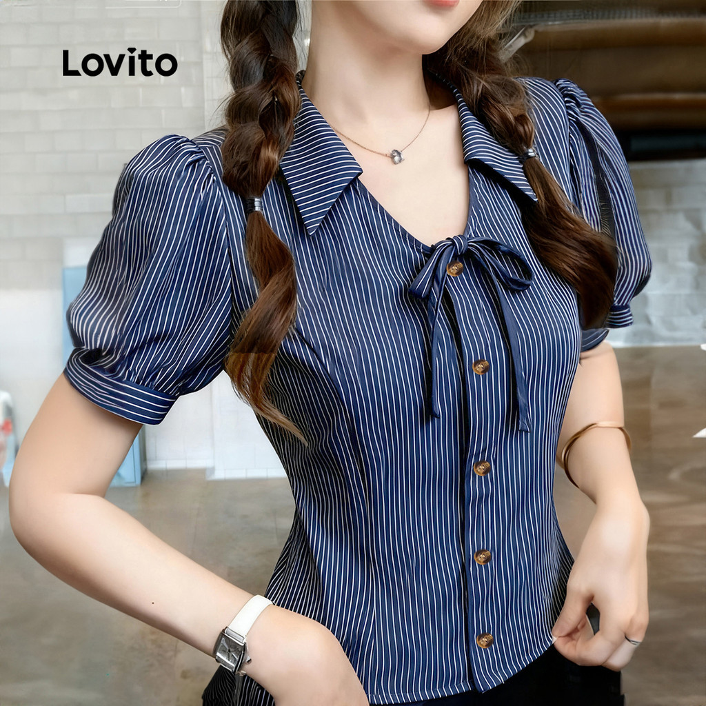 Lovito เสื้อเชิ้ตลำลองสำหรับงานปาร์ตี้ ติดกระดุมด้านหน้า สำหรับฤดูใบไม้ผลิ/ฤดูร้อน สำหรับผู้หญิง L165ED669