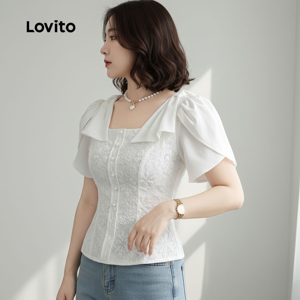 Lovito เสื้อเบลาส์ผู้หญิง ผูกโบว์ เย็บผ้า สีขาวออฟไวท์ สไตล์หรู สําหรับฤดูใบไม้ผลิ/ฤดูร้อน L146ED015