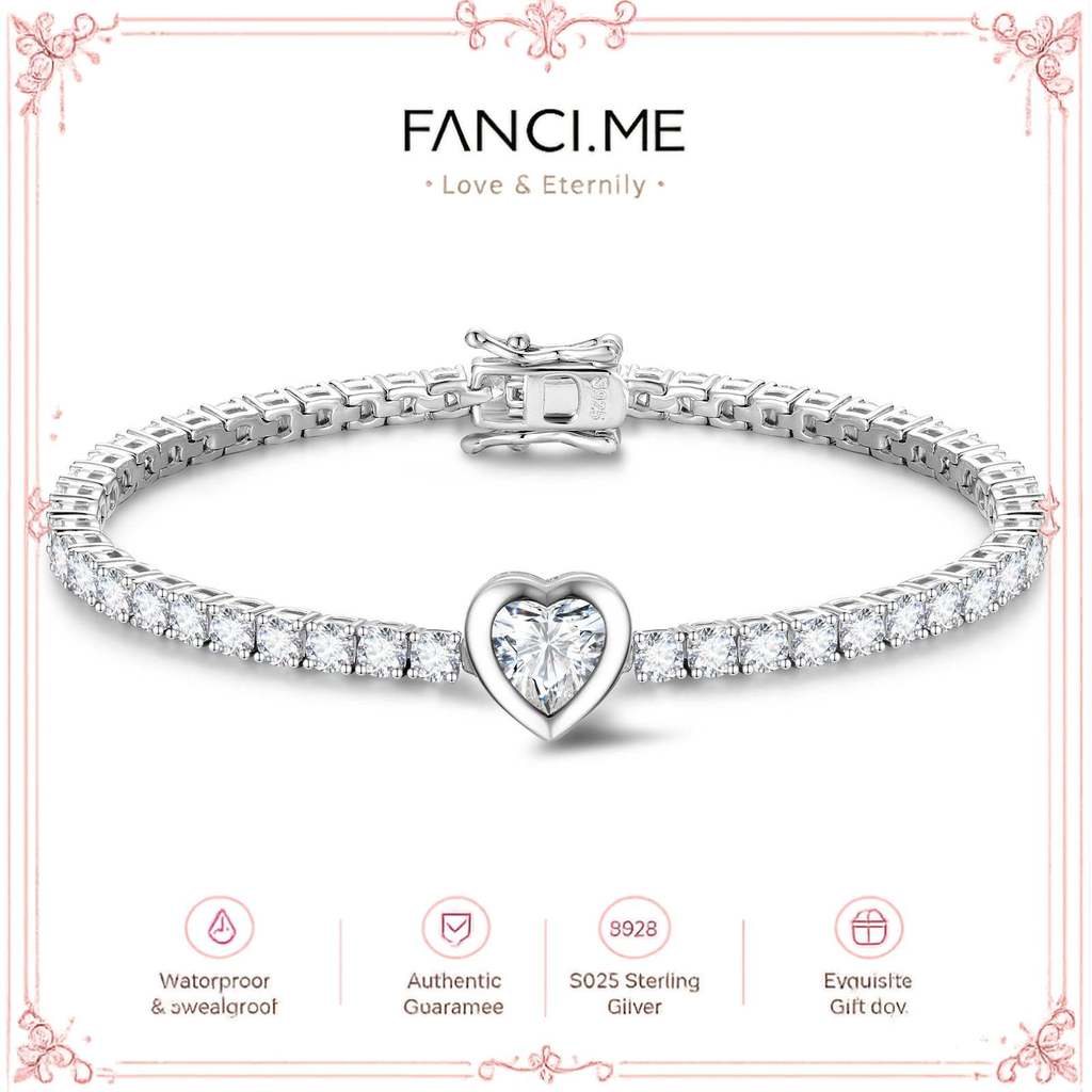 FANCIME "Axis" สร้อยข้อมือเทนนิสเงินสเตอร์ลิง Heart Cut