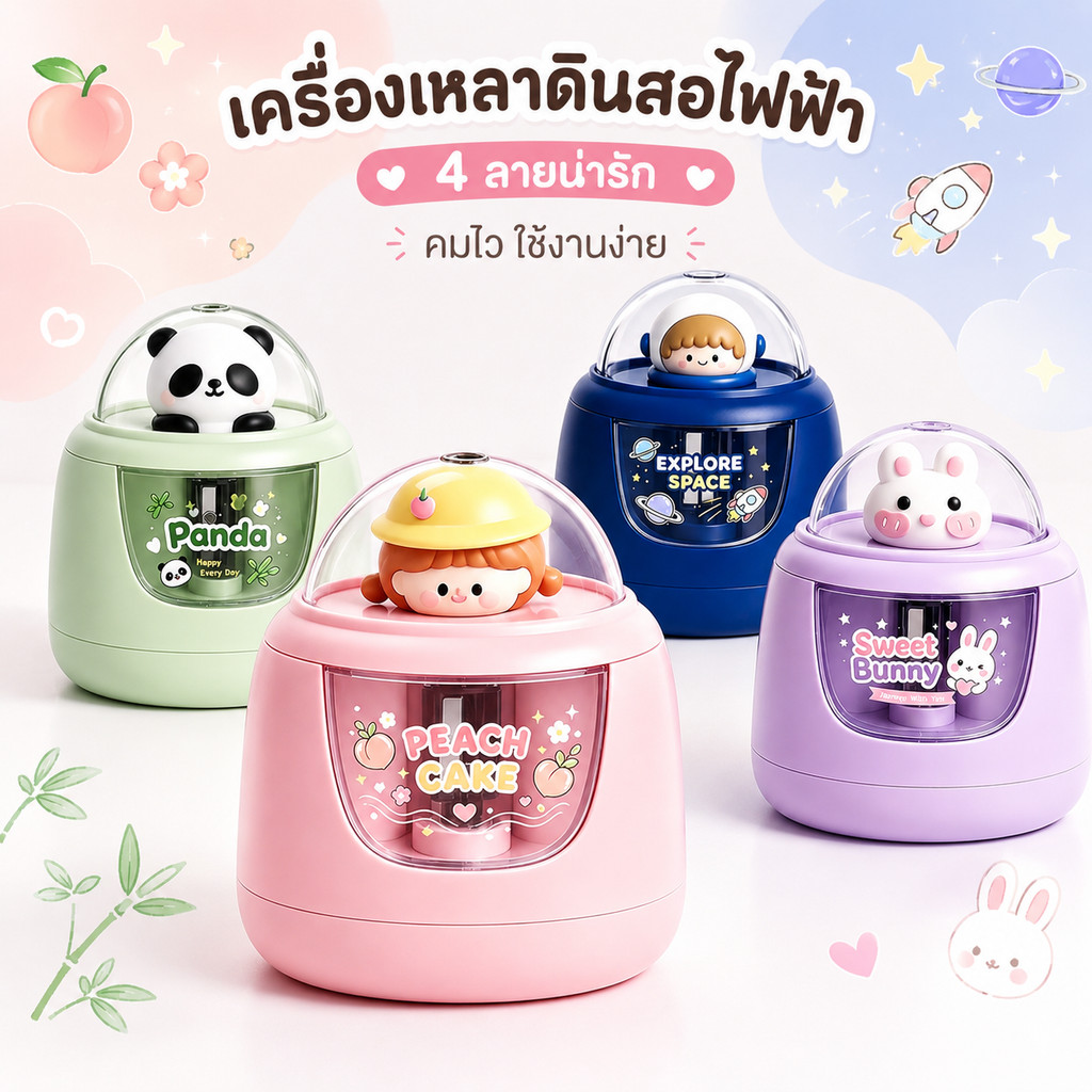 ❤เครื่องเหลาดินสอไฟฟ้า เปลือกใส เสร็จภายใน 3 วินาที ใช้แบตเตอรี่ พร้อมหัวตุ๊กตาสุดน่ารักและสติ๊กเกอร์