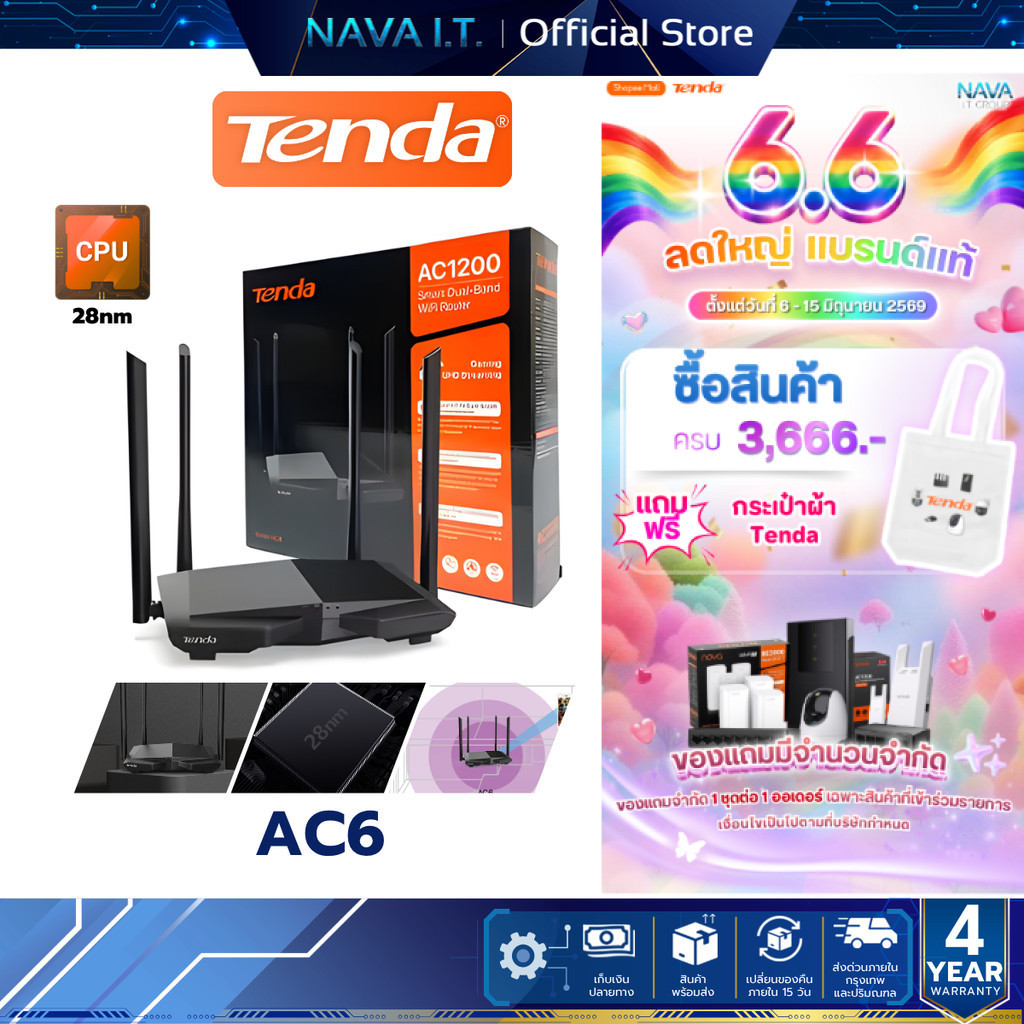 Tenda AC6 Dual-band AC1200 Smart WiFi Router รับประกัน 4 ปี