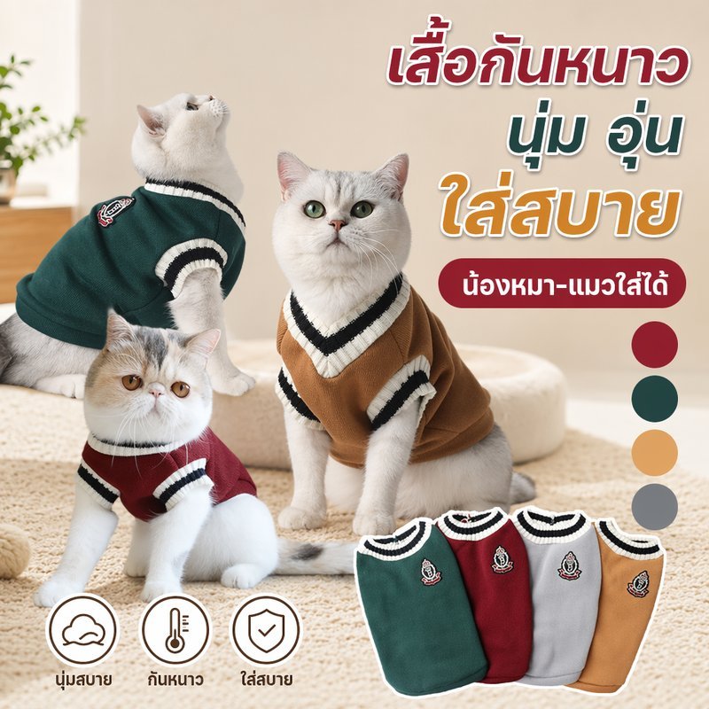 เสื้อหมา เสื้อแมว เสื้อกั๊กสัตว์เลี้ยง เสื้อกันหนาว คอวี นุ่ม อบอุ่น ระบายอากาศ ลายวิทยาลัย