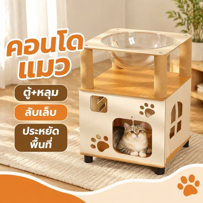 บ้านแมว คอนโดแมว หลุมนอนแมว ตู้แมว ไม้MDF โดมใส ที่ลับเล็บ ระบายอากาศ ของเล่นแมว ประหยัดพื้นที่