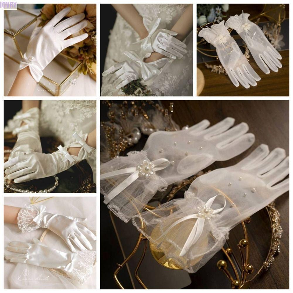 IVORY 1 คู่ถุงมือผ้าซาตินสีขาวงานแต่งงาน, ตาข่ายหวานโบว์โบว์ถุงมือ, สวยบางสั้นถุงมือลูกไม้หรูหราผู้หญิงสุภาพสตรี/หญ