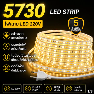 ไฟเส้น LED 5730 สว่างพิเศษ กันน้ำ IP67 ไฟเส้น 220V แถวคู่ 120/เมตร สำหรับบ้าน ร้านค้า และงานกลางแจ้ง พร้อมปลั๊กและหัวปิด
