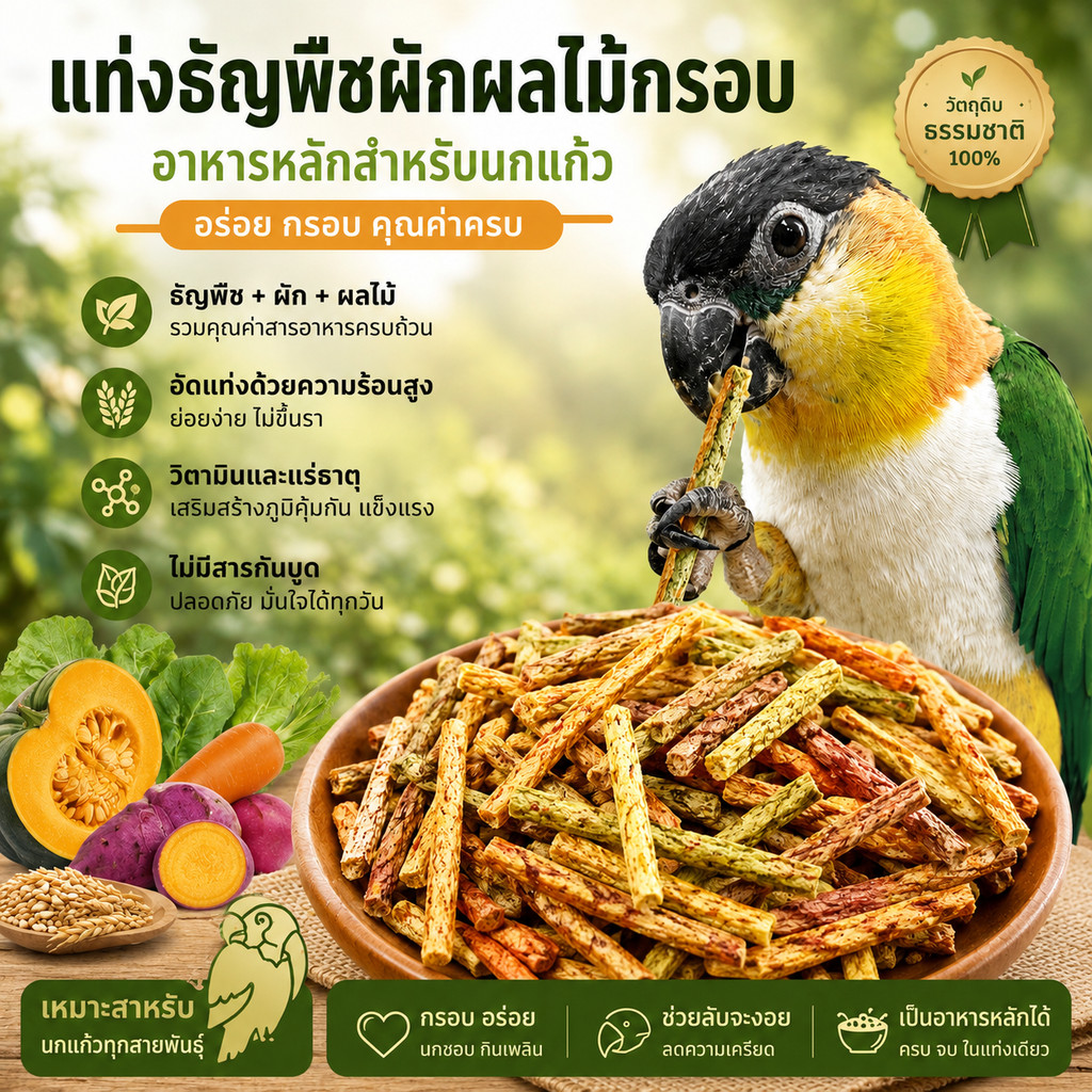 Hamster.lover อาหารหลักนกแก้ว แท่งธัญพืชผักผลไม้อบกรอบ สูตรเสริมภูมิคุ้มกัน ธรรมชาติ 100% ขนาด 100g