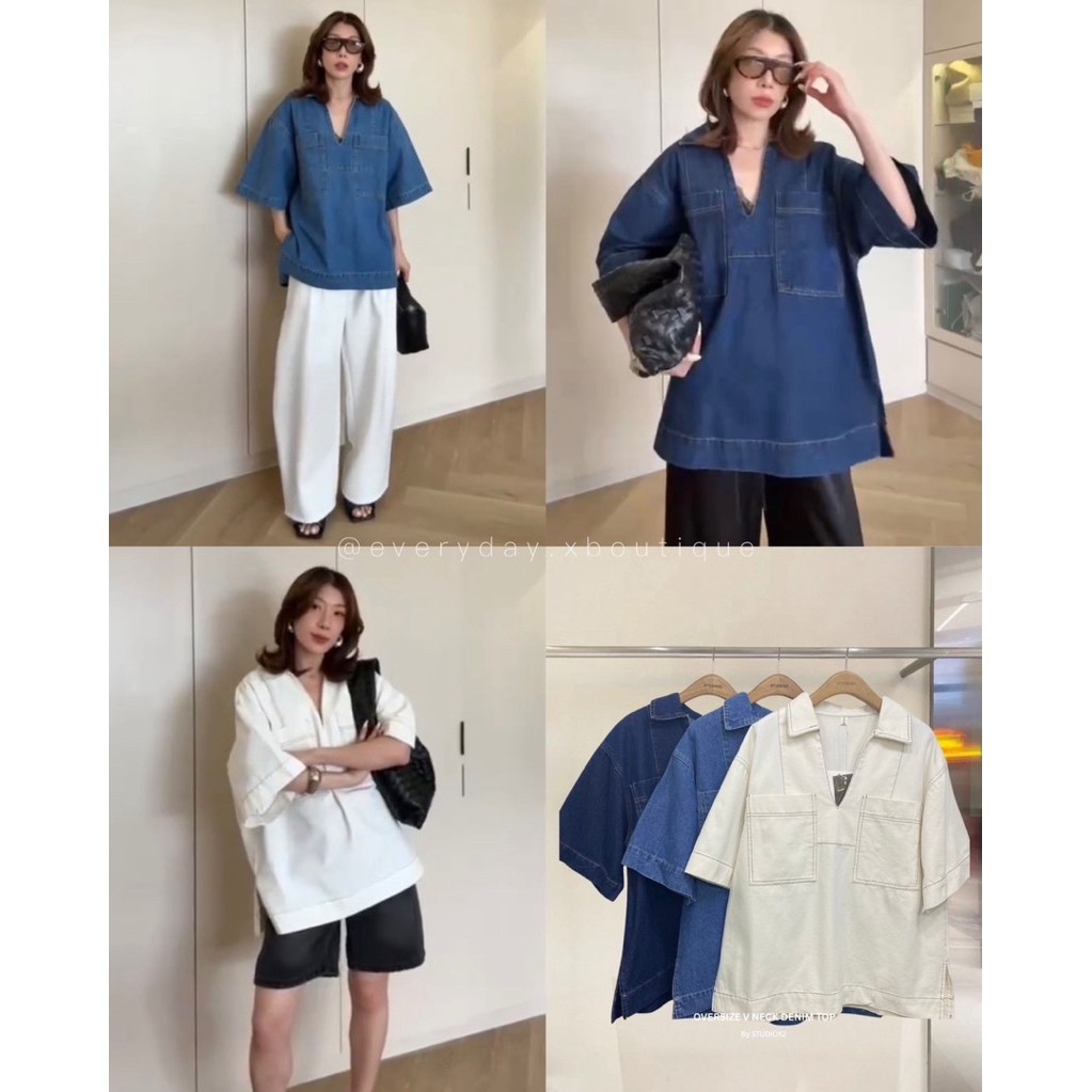 มาเพิ่ม📌116💙🩵🤍New Arrival 🤍🩵💙 STUDIOX2 SHORT SLEEVES V NECK OVERSIZE DENIM TOP (790฿) เสื้อยีนส์ทรงโอเวอร์ไซด์ คอวี