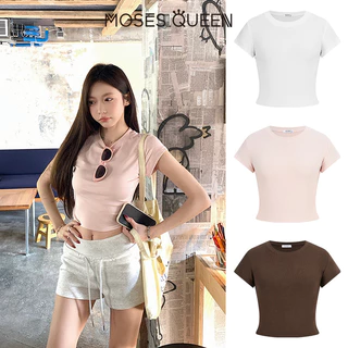 < MOSESQUEEN > เสื้อผ้าสกรีนแบบแขนสั้น ชุดพื้นฐานฤดูร้อน ขนาดเล็ก รูปทรงหลวม ด้านหน้า ไหล่ คอต้องห้าม เสื้อผ้าสกรีนแบบคอปก ลำตัวเรียบ สีเดียว #63435