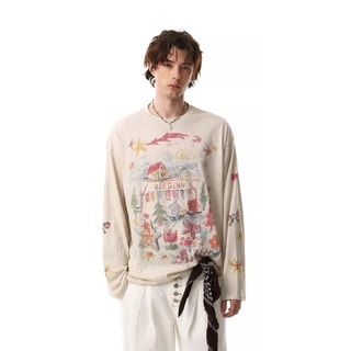 SUIKONE ซุยโคเนะ เสื้อยืดแขนยาวผู้ชายแฟชั่นอเมริกันกราฟฟิตีสไตล์ที่เป็นกลางคุณภาพสูง