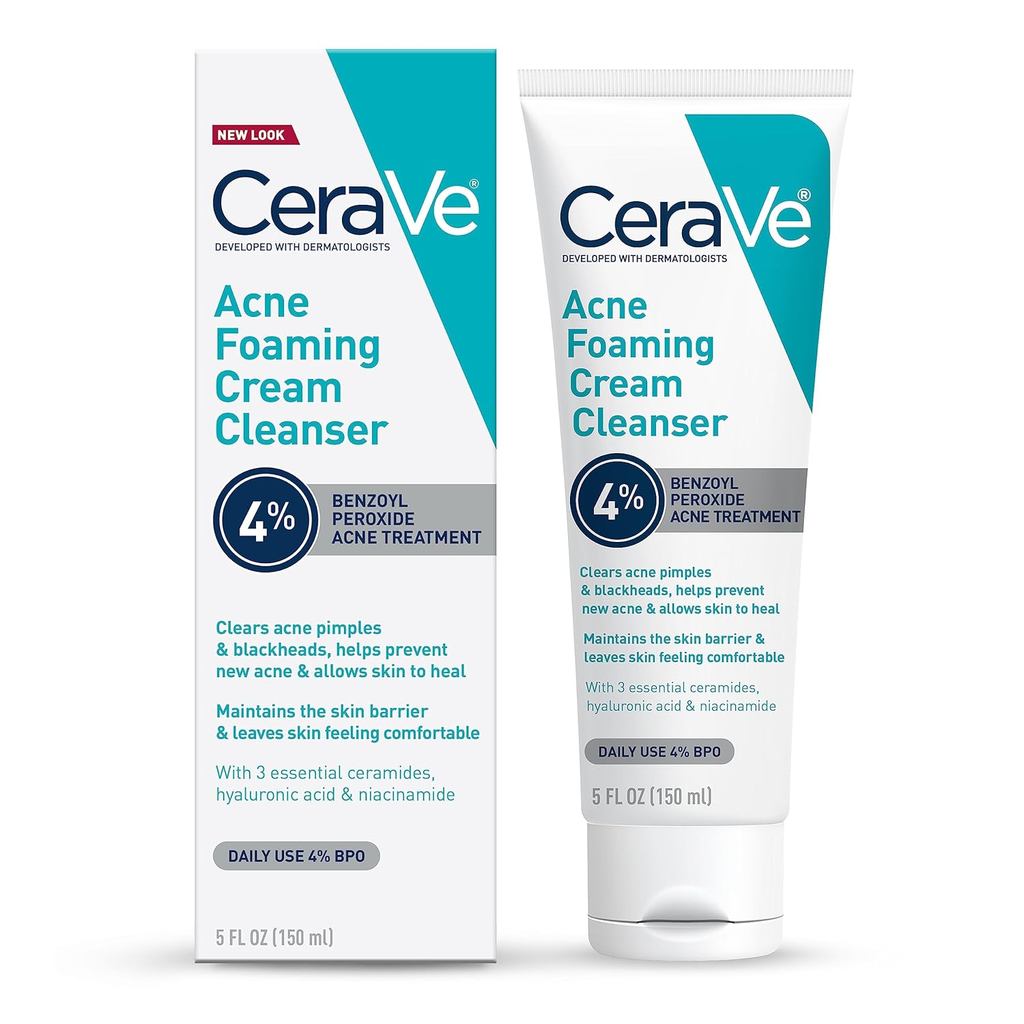 CeraVe Acne Foaming Cream Cleanser, ล้างหน้า Benzoyl Permide 4% พร้อมกรดไฮยาลูโรนิก, ไนอาซินาไมด์ & เซราไมด์, รักษาสิวประจําวันที่อ่อนโยนสําหรับใบหน้า