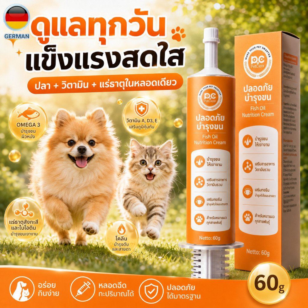 ครีมบำรุงขนสุนัขแมว โอเมก้า 3 จากน้ำมันปลา ผสมวิตามินรวมและแร่ธาตุ 60g