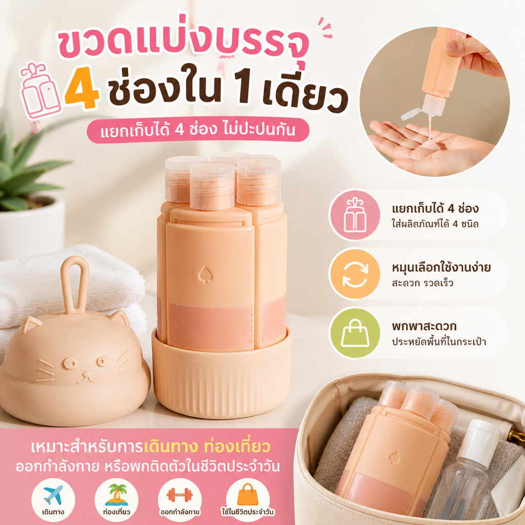 ขวดแบ่งบรรจุเครื่องสำอาง/ของเหลวแบบพกพา 4 ช่อง