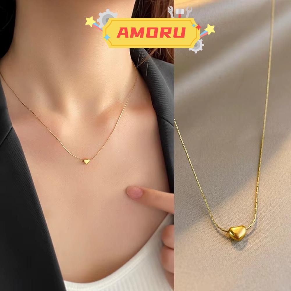 AMOR12U7 Mini Heart สร้อยคอ, Bohemian Smooth Minimalist สร้อยคอ,แฟชั่น 18k Gold Plated Silver Heart 