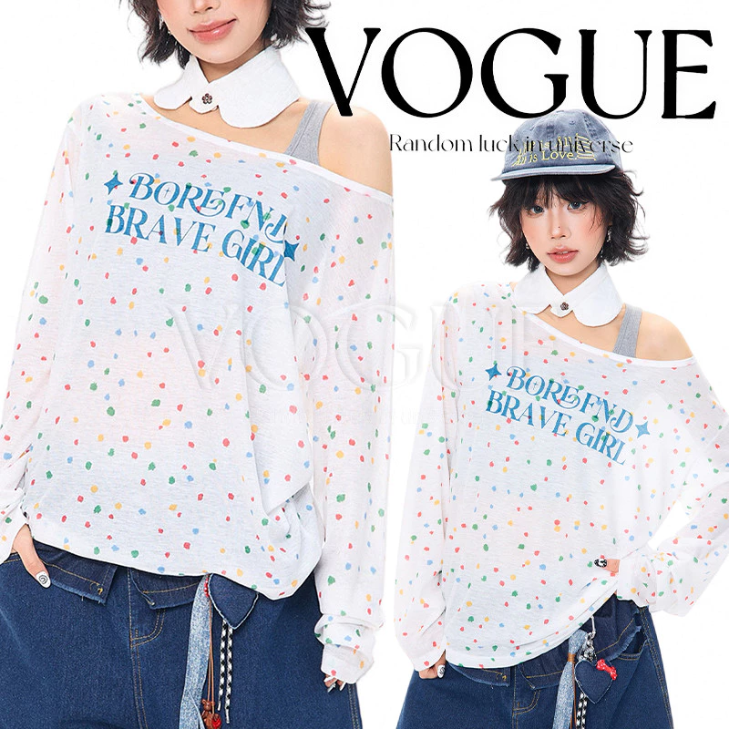 Vogue🌟พร้อมส่ง🌟 เสื้อแขนยาวโอเวอร์ไซส์ ลายจุดสีสันสดใส ผ้าซีทรูไหล่ตกใส่สบาย (FY2154)