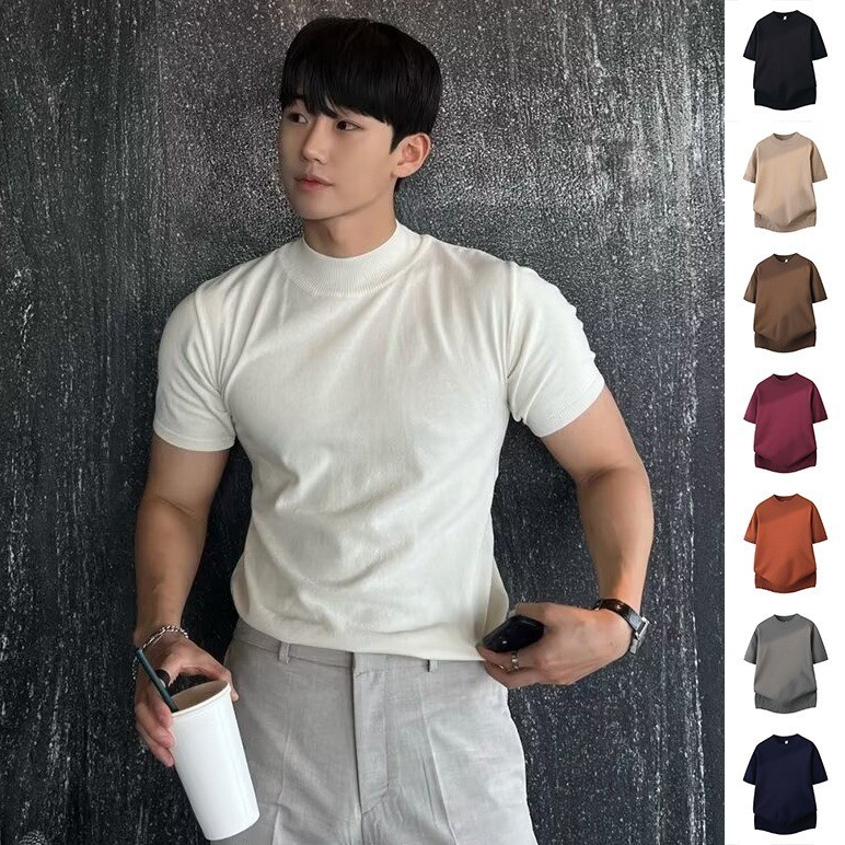 เสื้อยืดถักคอสูงถักเสื้อยืดบางระบายอากาศแฟชั่นเสื้อยืด