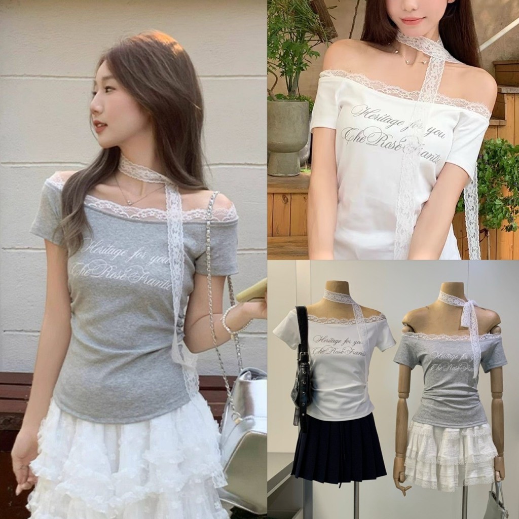 ❤ 🧵 🇰🇷 W9599 เสื้อปาดไหล่ แต่งขอบด้วยผ้าลูกไม้ ช่วงเอวเสื้อจับจีบ มาพร้อมผ้าพันคอ แฟชั่นเกาหลี TAG WG.WE 🧡