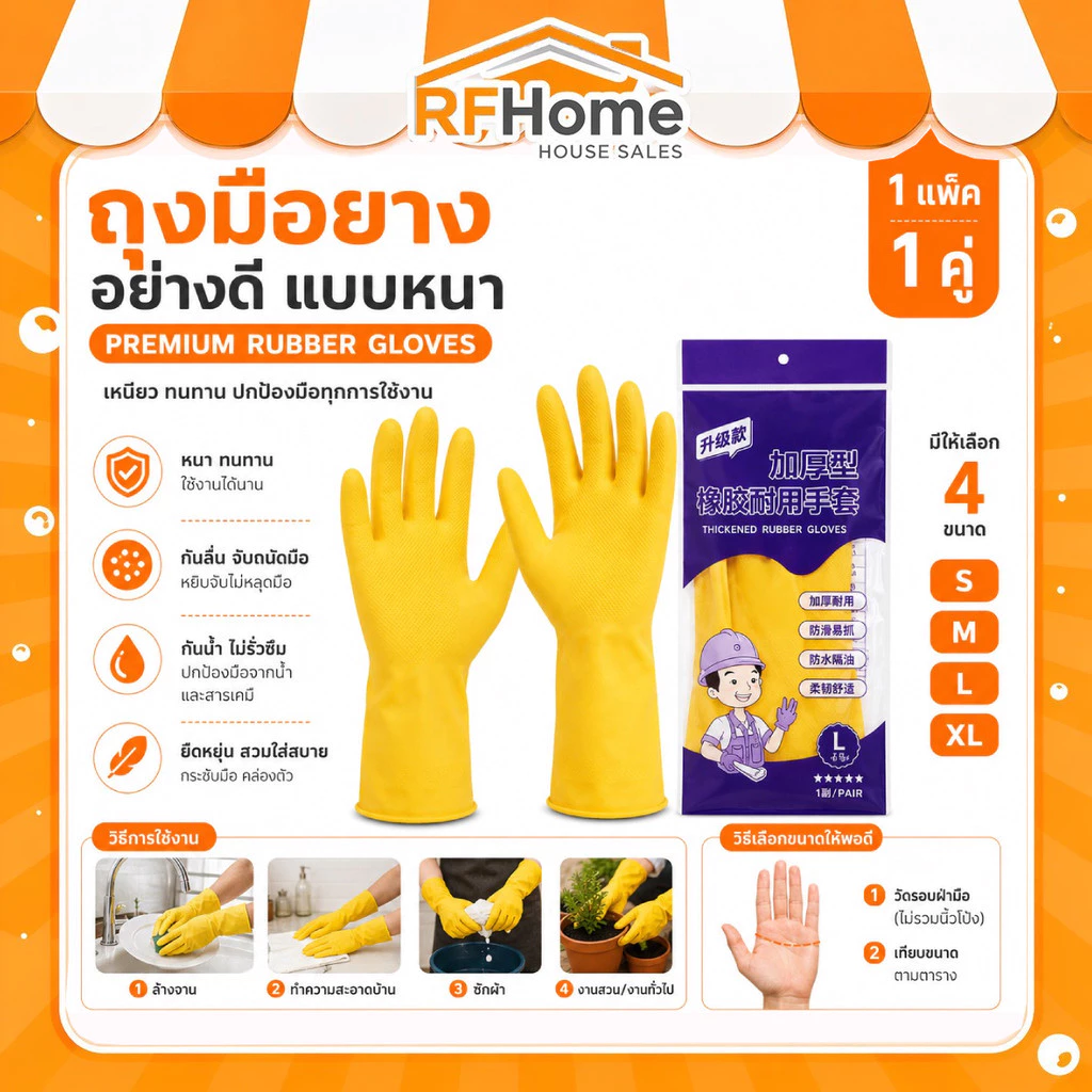 "พร้อมส่ง" ถุงมือยางอย่างดี แบบหนา ถุงมือยางอเนกประสงค์ ทนทาน หนา