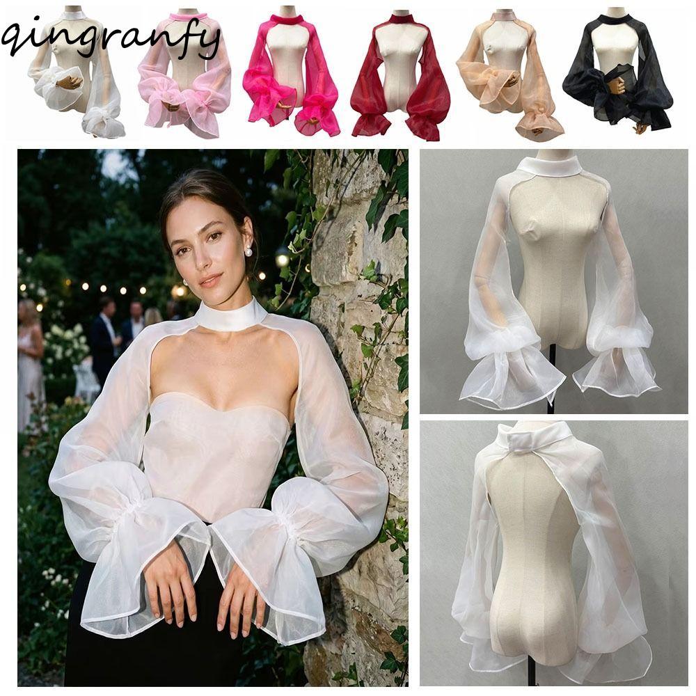 ปลอกแขนเจ้าสาวแบบแขนพอง โปร่งแสง พร้อมระบายฟูฟ่อง ปลายแขนบาน ทรงโคมไฟ ผ้าคลุมไหล่เจ้าสาวสําหรับงานแต่งงาน
