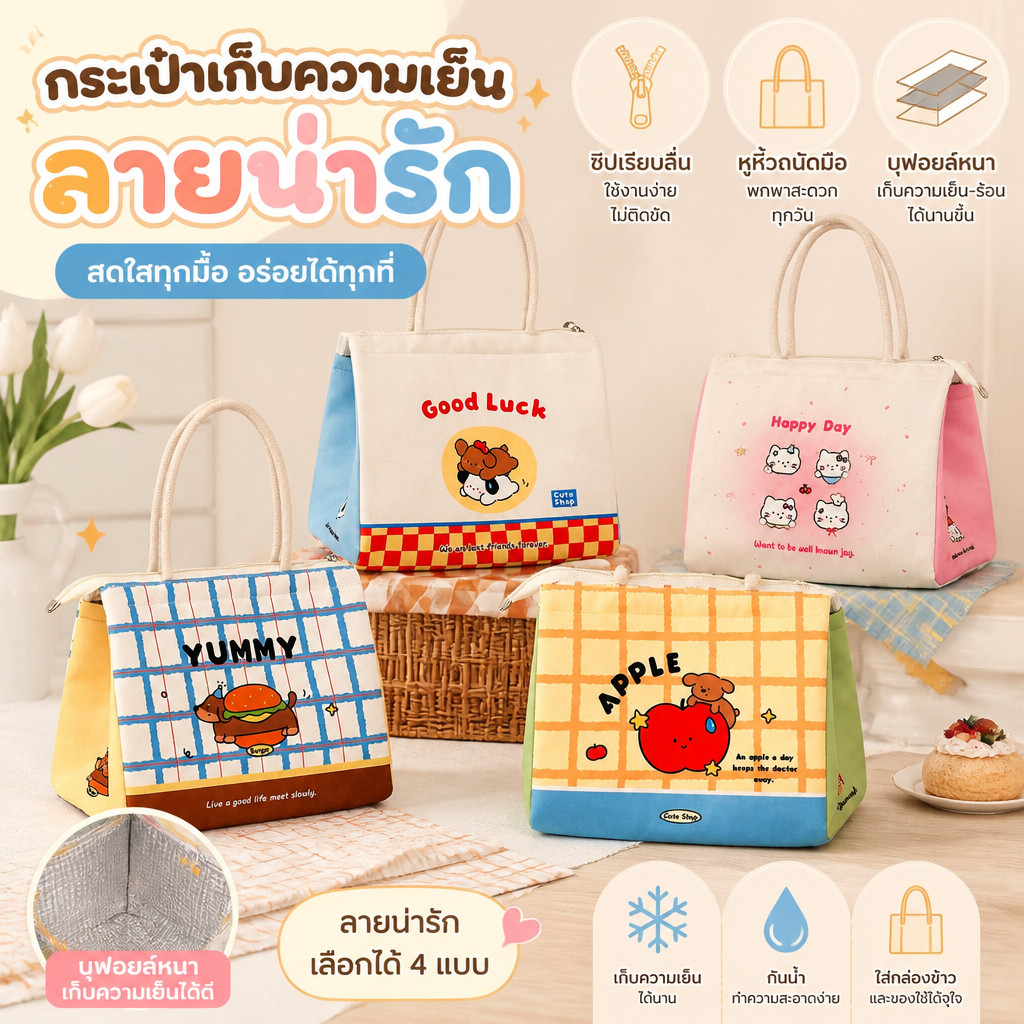 กระเป๋าใส่กล่องข้าว ความจุสูง จุข้าวกล่อง น้ำ และขนมได้ครบ กันรั่วซึม เก็บความร้อนและความเย็น พกพาสะดวก