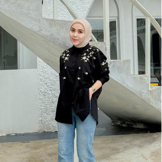 Cotton Oversize Embroidered Shirt Blouse Women Long Sleeve