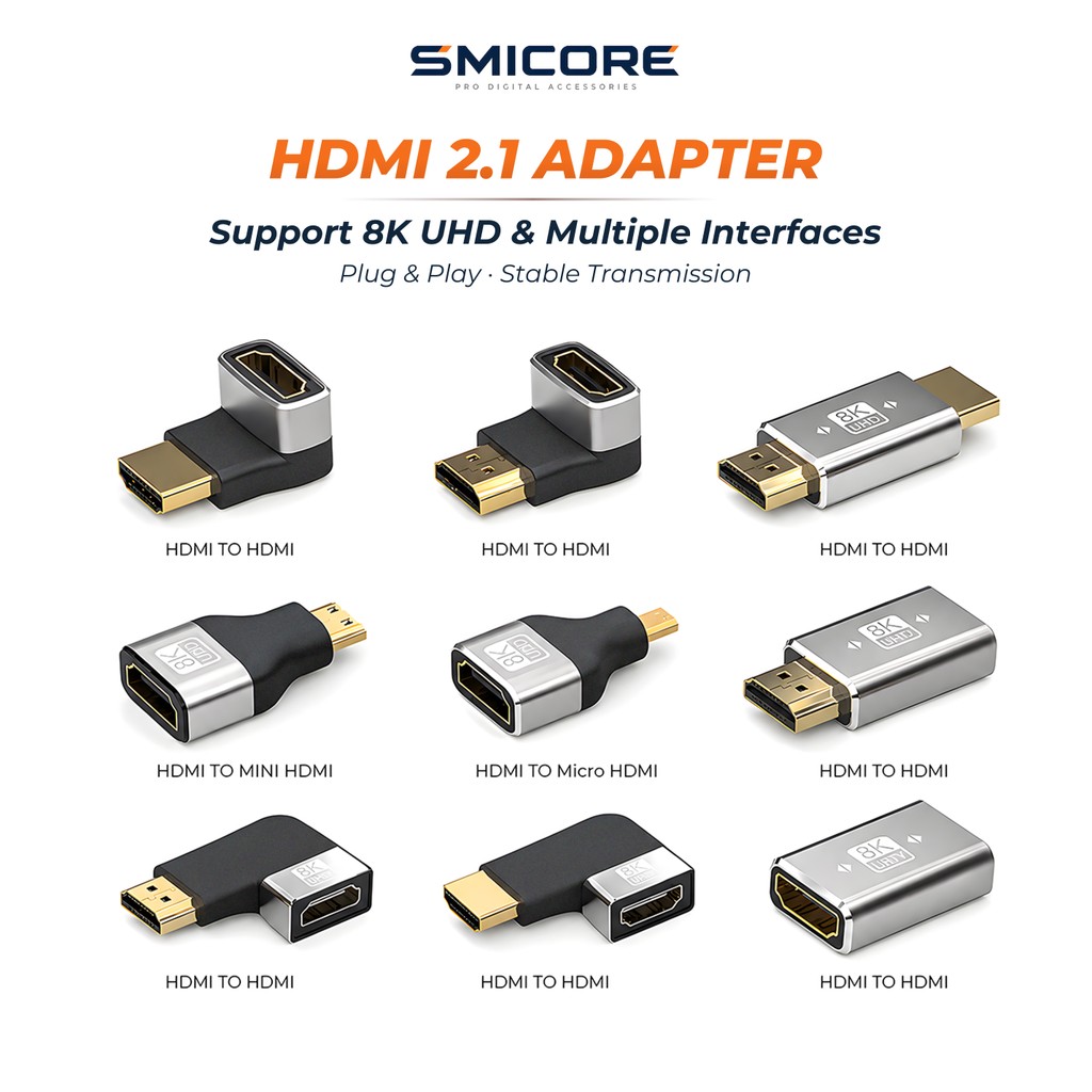 อะแดปเตอร์ HDMI 8K60/4K Mini/Micro HDMI→HDMI + ข้อต่อ HDMI เมีย-เมีย / หัวงอ 90°