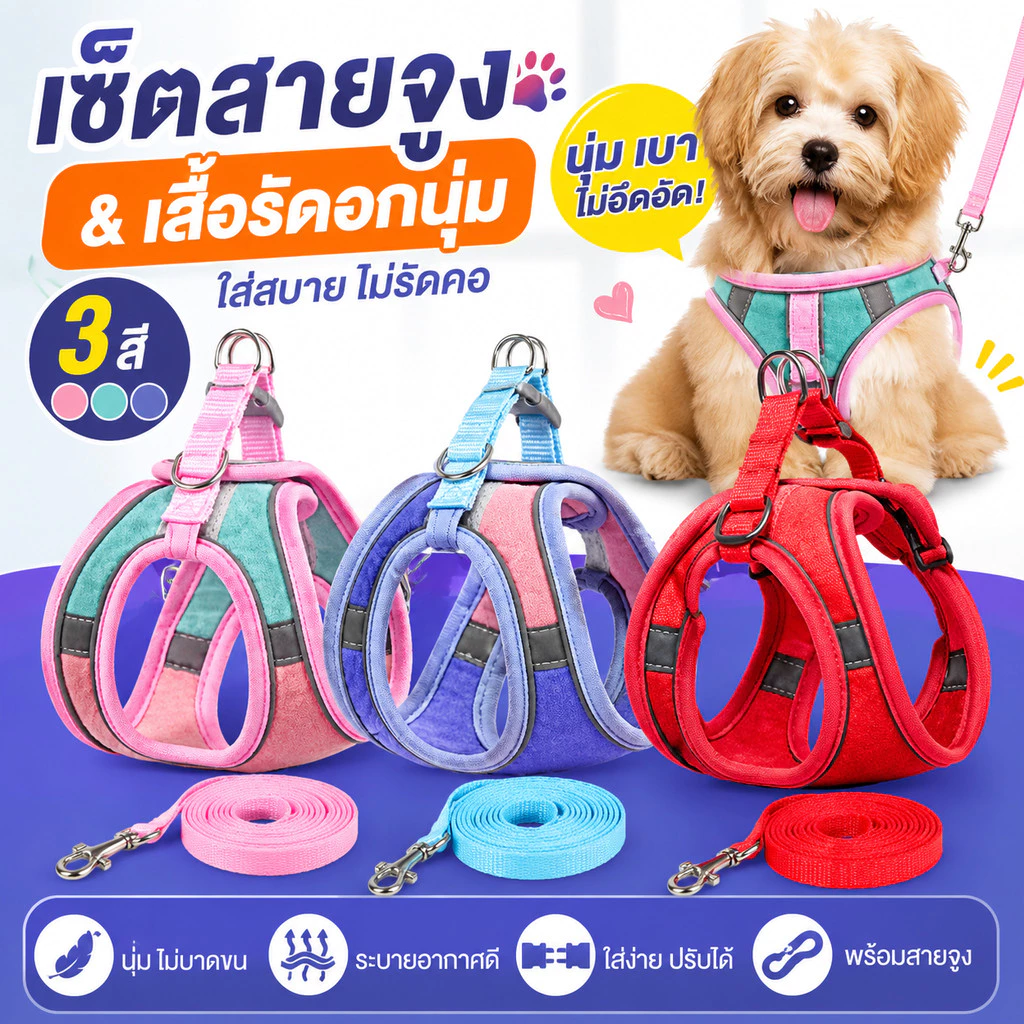 สายจูงแมว สายรัดอกแมว เชือกจูงสัตว์เลี้ยง สะท้อนแสง ปรับได้ กันหลุด นุ่มสบาย แมว หมา เดินเล่น