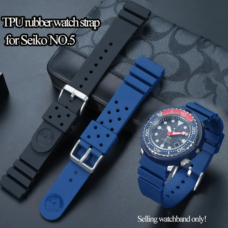 22mm TPU สายนาฬิกายางสําหรับ Seiko NO.5 ดําน้ํา SRP601J1 SRP599J1 SRP605J2 สีดําสีฟ้าซิลิโคนกันน้ําอ