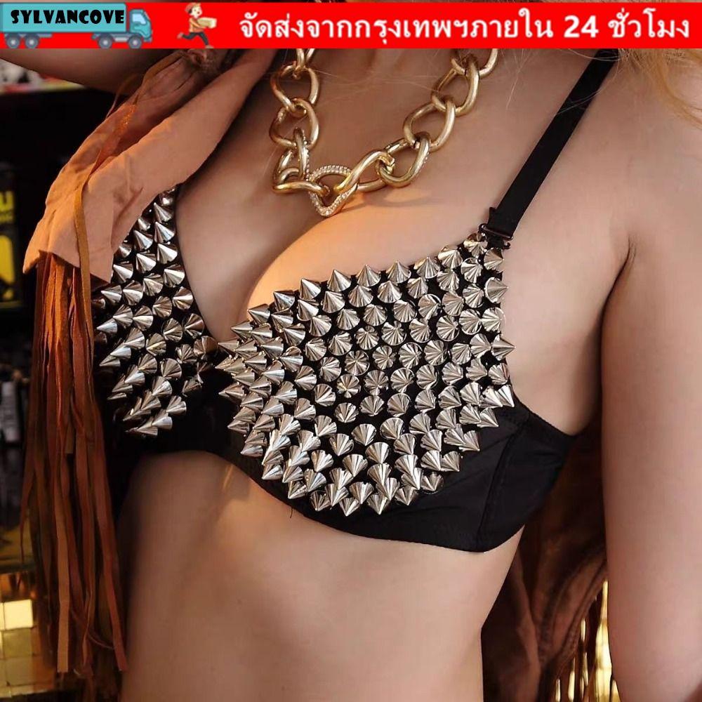 SYLV Rave Bralette ชุดชั้นใน, Push Up Silver Rivets ผู้หญิง Bras, แฟชั่น Punk Brassiere ไนท์คลับ Party Bar