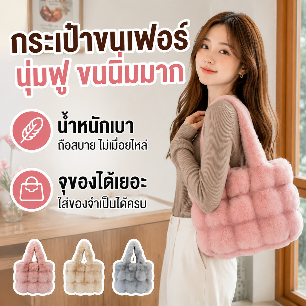 กระเป๋าขนปุย แฟชั่นสะพายไหล่ กระเป๋าผู้หญิง ทรงใหญ่ จุของได้เยอะ มีช่องซับใน ออกงาน หรือใช้ทุกวัน