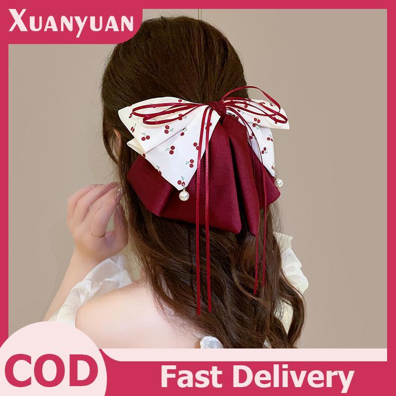 XUAN Cherry พิมพ์โบว์ลูกปัดกิ๊บติดผม Retro Elegant Shark คลิปผู้หญิงอุปกรณ์เสริมผม TH