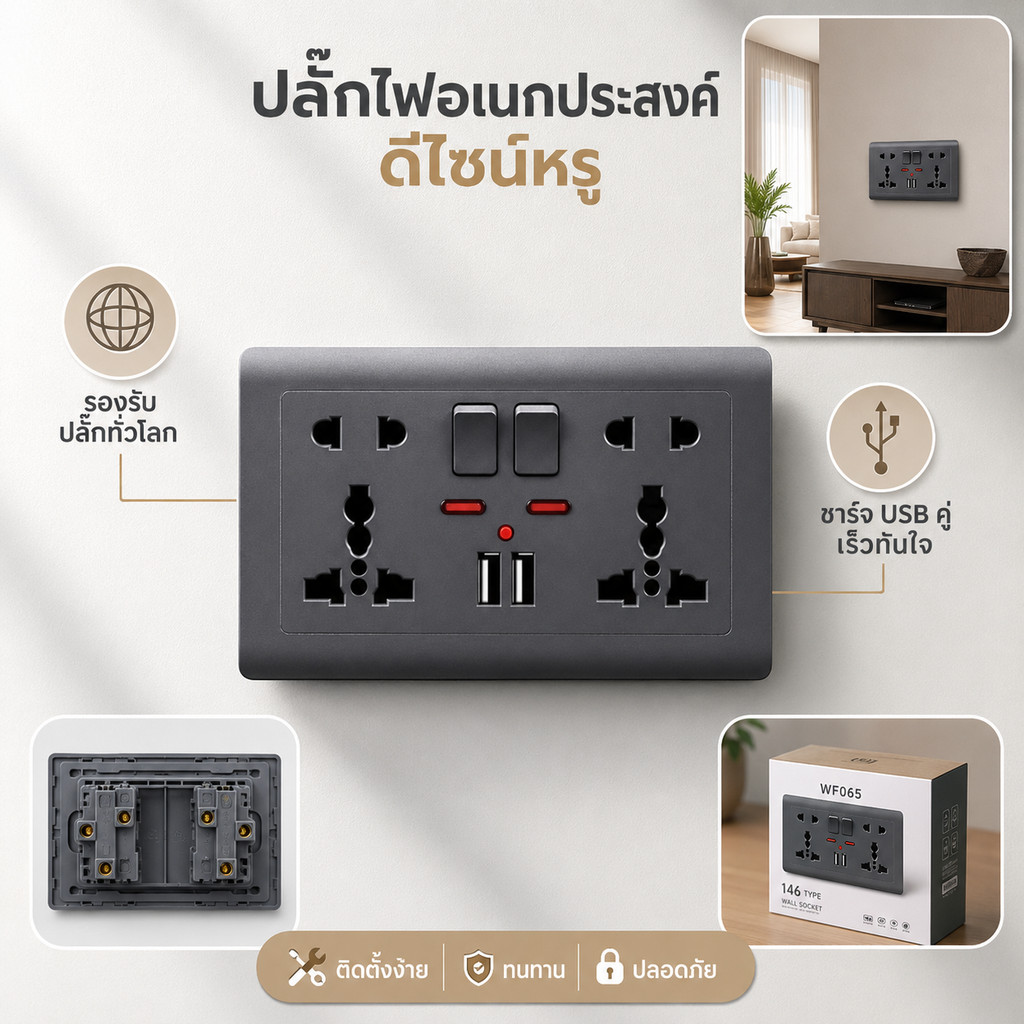 ปลั๊กไฟฝังผนัง 146 รุ่น WF065 สีเทา ดีไซน์ทันสมัย รองรับปลั๊กนานาชาติ พร้อมช่องชาร์จ USB คู่ 2 ช่อง