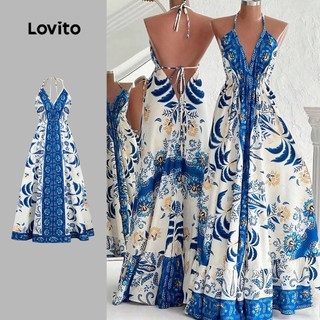 Lovito Boho Women Dress Vacation Leisure Resort Style Lace Up Spring/summer Dress LBL31248