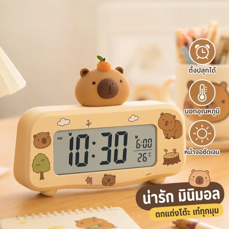 นาฬิกาปลุกดิจิตอล ตั้งโต๊ะ จอ LCD ไฟกลางคืน วัดอุณหภูมิ ปฏิทิน ลายคาปิบารา มินิมอล เด็ก