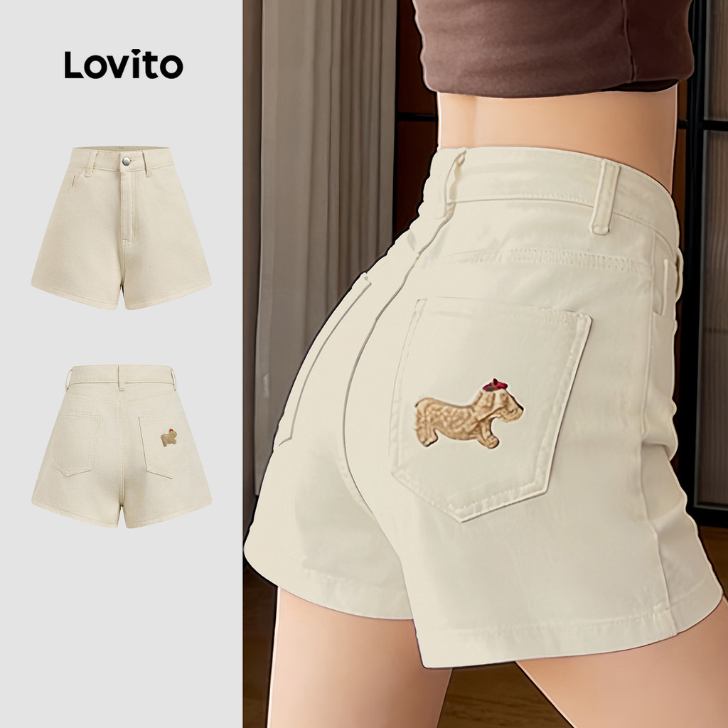 Lovito กางเกงขาสั้นเดนิมสีขาวสําหรับผู้หญิง ทรงสบาย พร้อมปุ่มเท็กซ์เจอร์ เหมาะสําหรับฤดูใบไม้ผลิและฤดูร้อน L185AD093