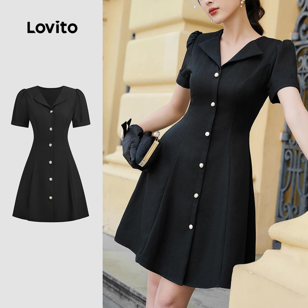 Lovito ชุดเดรสหรูหราปุ่มด้านหน้าสลักโลหะสำหรับเดินทาง ฤดูใบไม้ผลิ/ฤดูร้อน สีดำ L142ED089