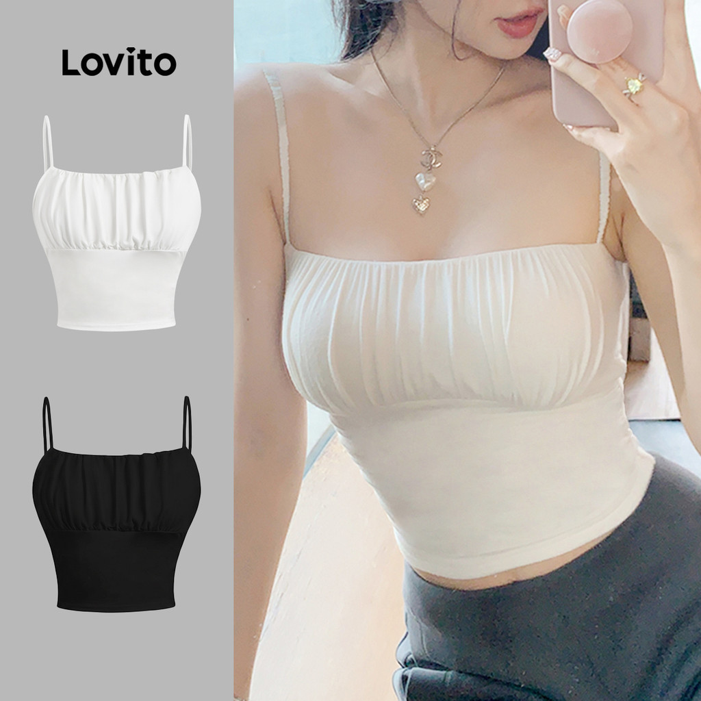 Lovito Casual เสื้อกล้ามลำลองแบบเรียบรูดช่วงฤดูร้อน/ฤดูใบไม้ผลิสำหรับผู้หญิง L129ED544