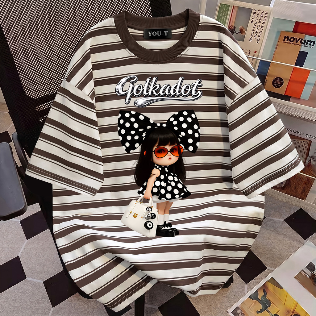 🌷Su.Tee🌷 เสื้อยืดลายทาง แบบหลวม ยอดนิยม แมทช์ลุคง่าย สินค้าใหม่! "Golkadot girl" เสื้อยืดลาย【COD】📦