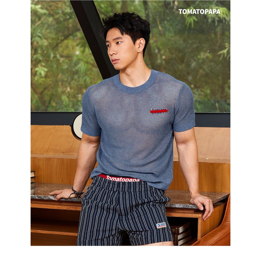 มะเขือเทศปาป้า ผู้ชายคอกลมซีทรูกล้ามเนื้อแขนสั้นเสื้อยืด-ผู้ชายฤดูร้อนตาข่ายระบายอากาศสไตล์ลําลองเสื้อสวมหัวตาข่ายถักกลวง