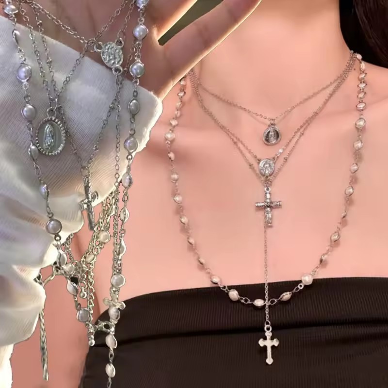 สร้อยคอจี้ไม้กางเขน-มุกจําลองหลายชั้นโซ่เค้นคอ-เครื่องประดับส่วนบุคคลอุปกรณ์เสริม