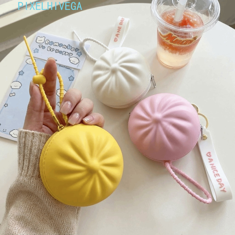 PIXELHIVEGA จําลอง Xiaolongbao กระเป๋าเก็บ, รอบอวบ Creative Steamed Bun กระเป๋าเหรียญ, ตลกซิลิโคนน้ําหนักเบา Squeeze-Resistant Zippered กระเป๋าเงินเหรียญ Travel